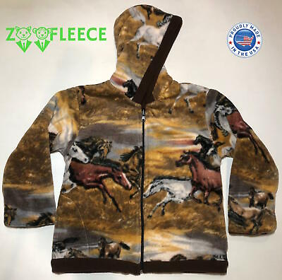 #ad Zoofleece Winter Brown Horses Kids Boys Girls Jacket Hood Coat Reversible Warm