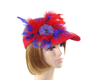 #ad Red Sun Visor Hat Feathers Flower Women#x27;s Adjustable Society Ladies
