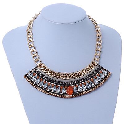 #ad Tribal Jewelled Chain Collar Necklace In Gold Tone 40cm L 5cm Ext