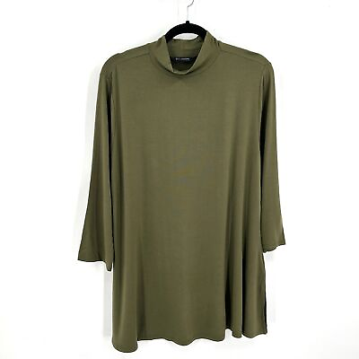 #ad H BY HALSTON Olive Green Mock Turtle Neck Jersey Oversized Tunic Top Size Large