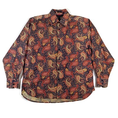 #ad Tommy Hilfiger Vintage Paisley Indigo Shirt Mens Large Button Up LS Linen Blend