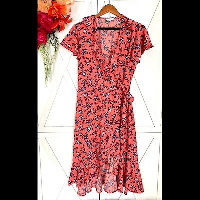 #ad Time And True Dress Women’s M Coral Pink Floral Wrap Midi Ruffle Dress