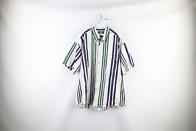 #ad Vintage 90s Streetwear Mens XL Striped Color Block Baggy Fit Button Shirt Cotton