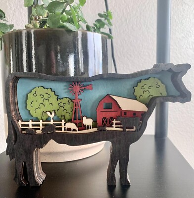 #ad Farmhouse Country Cow Cows Farm Barnyard Wood Animal 3D Shadow Box Diorama New