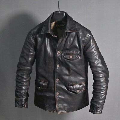 #ad Men#x27;s Motorcycle Leather Jacket Outwear Vintage Distressed Black Leather Coat