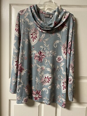 #ad Ladies Beautiful Blue pink Floral Chicos Size 3 Big Neck Long Sleeve Blouse