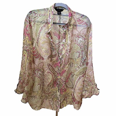#ad Investments Women’s Paisley Blouse Shirt Size 2X Pink Yellow amp; Green Semi sheer