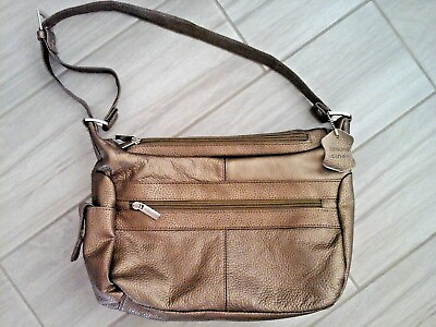 #ad Bronze Metallic Genuine Pebble Leather Medium Shoulder Handbag Size 8x9.5x3