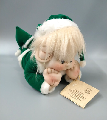 #ad Elf Handcrafted Soft Sculpture Plush Squished Nylon Face Christmas Vtg Lounging