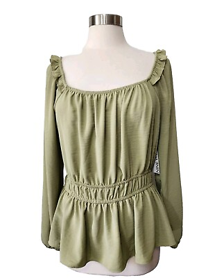 #ad Nine West Womens Off Shoulder Green Peasant Top Large Empire Waist Long Sleeve