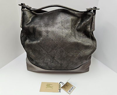 #ad $1795 Burberry Avington Dark Nickel Leather amp; Shimmer Check Large Handbag Tote