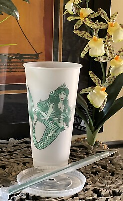 NEW Starbucks Mermaid Siren Reusable Cold Cup Venti 24oz w green straw and lid $19.99