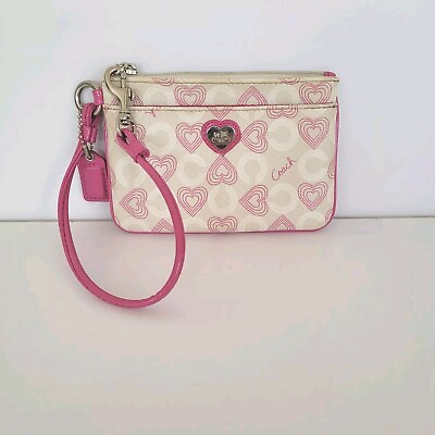 #ad Coach Corner Small Bag Wristlet Purse Pink Wallet Pouch Hearts Signature