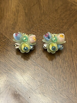 #ad Vintage West Germany Earrings Cluster Studs Multi Colored Flowers Clip Ons
