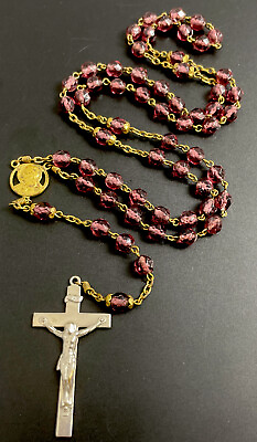 #ad Vintage Catholic Purple Crystal Rosary Jesus Center Silver Tone Crucifix