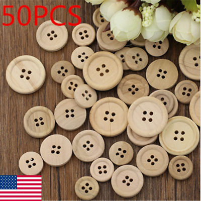 #ad 50 Pcs Mixed Wooden Buttons Natural Color Round 4 Holes Sewing Scrapbooking US