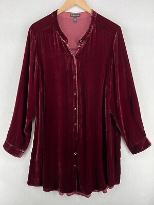 #ad EILEEN FISHER Top 1X Plus Velvet Tunic Rayon Silk Button Front Long Sleeve Red