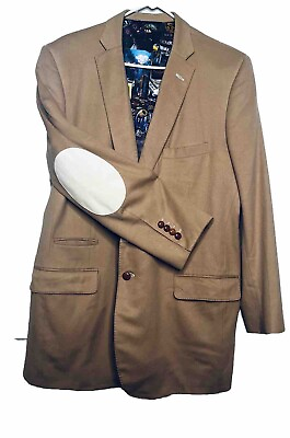 #ad Tom James Royal Classic Cashmere Blazer 44L Tan Elbow Patches Leather Knot