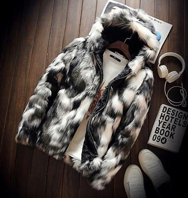 #ad Mens Faux Mink Fur Furry Hooded Warm Thicken Coat Jacket Outwear Zip Up Overcoat