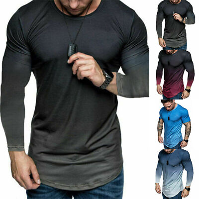 #ad T shirt Top Muscle Sleeve Gym Men#x27;s Sport Long Workout Casual Gradient Fitness