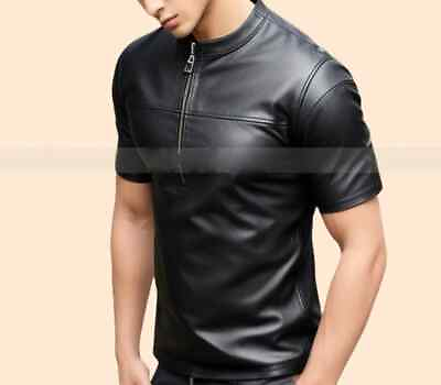 #ad Men T Shirt Stylish Lambskin Leather Black Party Clubwear Biker Fashion Handmade