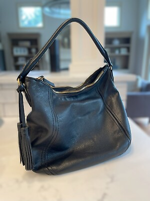 #ad J. CREW Pebble Leather Black Hobo Shoulder Bag Tassels Gold Hardware Zippers