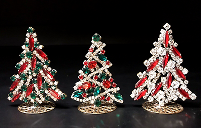 #ad CZECH RHINESTONE CHRISTMAS TREES 3quot; LOT of 3 RED GREEN CLEAR GORGEOUS