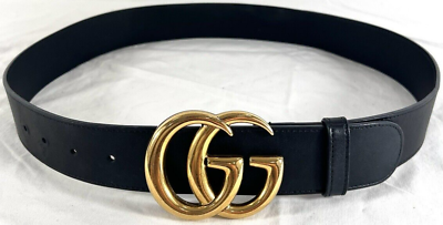#ad GUCCI Double GG Buckle Logo Black Leather Belt Made in Italy 85 34