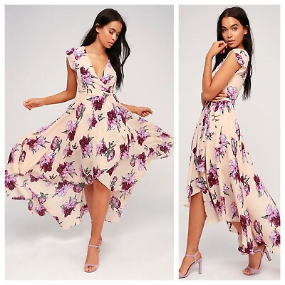 #ad Lulu#x27;s High Low Maxi Dress French Countryside Floral Print Purple Blush XS NWT