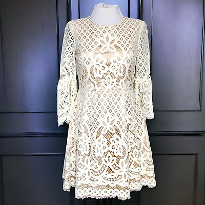 #ad ELIZA J Bell Sleeve Fit amp; Flare White Lace Dress A Line Womens Size 4P