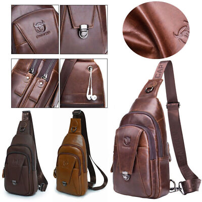 #ad Genuine Leather Sling Backpack Mens Chest Bag Shoulder Bag Crossbody Travel New