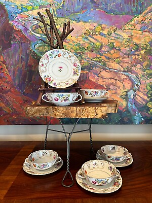 #ad 5 Victoria Czechoslovakia China Dresden Flowers Soup Bowls and Saucers