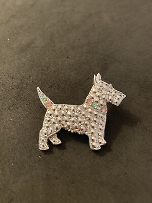 #ad Dog Brooch Silver with Multi Color Stones