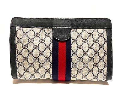 #ad GUCCI Sherry line GG Superme Canvas Clutch Bag Navy