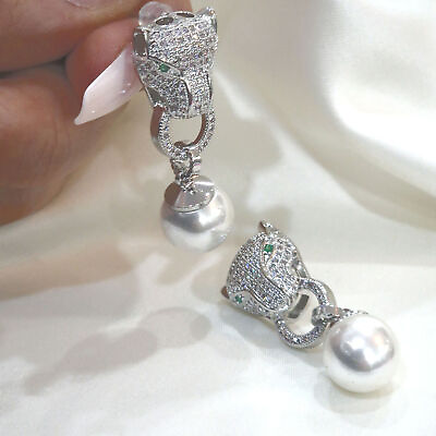 #ad Leopard Earrings Silver Crystal Pearl Drop Leopard Earrings Plated