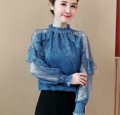#ad Womens Long Sleeve Lace Sexy Spring Casual Chiffon Stand Collar Blouse HOT
