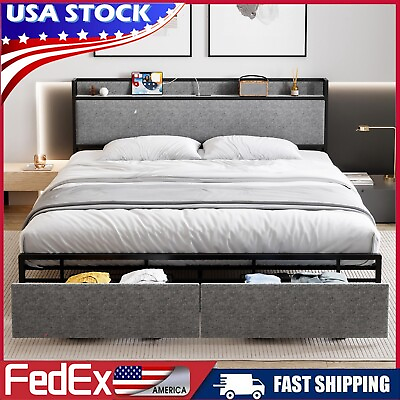 #ad Full Queen Size Bed Frame Upholstered Headboard Storage Drawers Charging Station