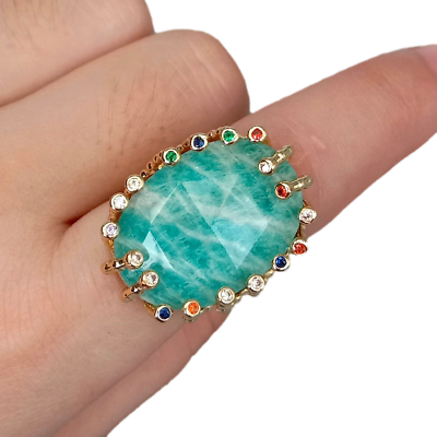 #ad Big Stone Ring Natural Green Amazonite New Fashion Gold Plated Amazonite Ring