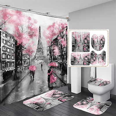 #ad 4Pcs Paris Eiffel Tower Pink Shower Curtain Sets Bathroom Set Decor