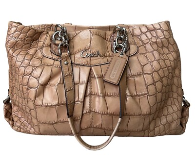 #ad COACH Ashley Lg Shoulder Croc Embsd Leather Tan Chain Bag Purse F17661 R $398