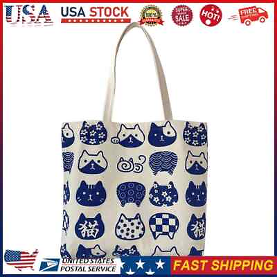 Women Canvas Cartoon Cat Print Shoulder Bag Vintage Large Capacity Tote Handbags $11.76