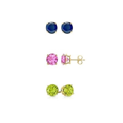 #ad 14k Yellow Gold 1Ct Created Blue Pink amp; Peridot CZ 3 Pair Round Earrings Plated