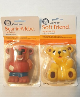 #ad Vtg 1987 Sealed Gerber Baby squeeze toy Soft Friend amp; Bear in a bath Lot of 2