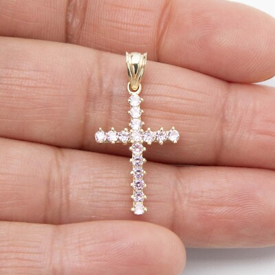 #ad 1 1 4quot; Pink Cross Pendant Real 10K Yellow Gold