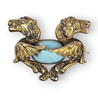 #ad Antique Victorian Griffin Lion Brooch Gothic Revival Blue Stone Gold Filled FLAW