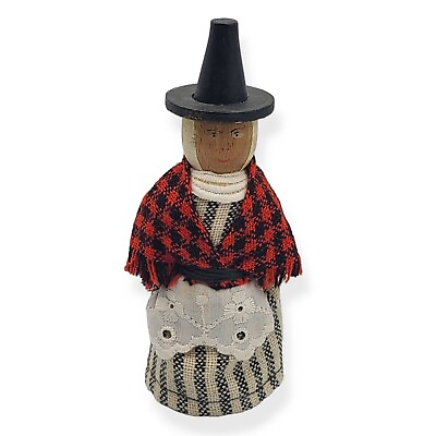 #ad Vtg Wood Primitive Doll Handmade in Wales Cymru Welsh Folk Art Witch Lady 6quot;