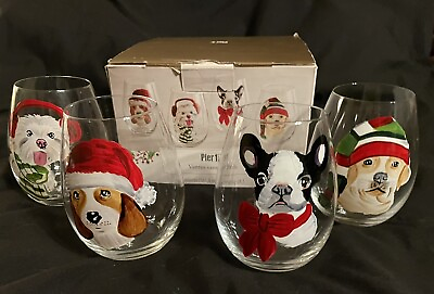 #ad PIER ONE IMPORTS PUPPY DOGS IN SANTA HATS CHRISTMAS STEMLESS WINE GLASSES W BOX