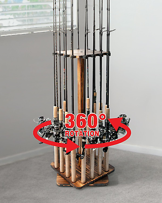 #ad 360° Rotating Fishing Rod Rack Holds up to 16 Rods Wood Floor Stand Garage O
