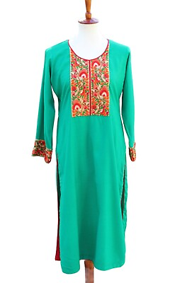 #ad Green Kaftan Dress Size Medium Handmade Embroidered