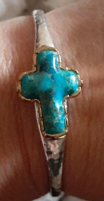 #ad Designer Fine Mixed Metals Turquoise Cross Cuff Bracelet Size Small Signed